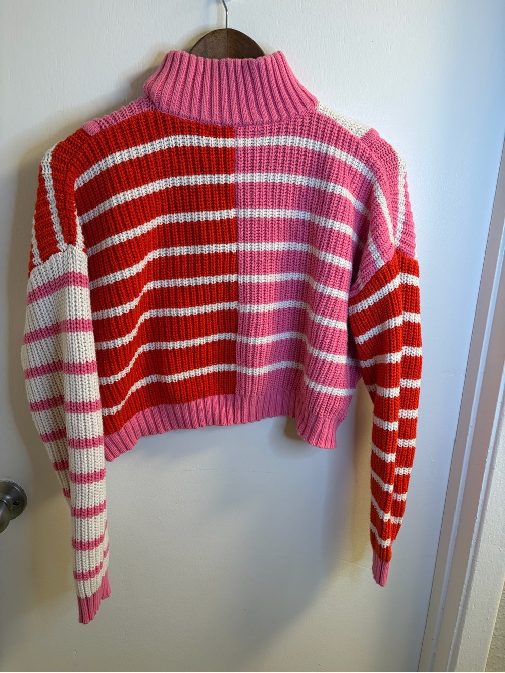 Altar’d State Pink Red Striped Quarter Zip Sweater M Cropped Colorblock Knit - Picture 8 of 15
